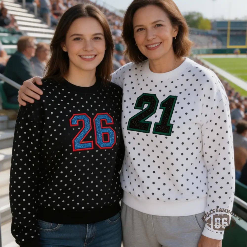 Retro Game Day Sweatshirt | Women Polka‑Dot Glitter Number Crew Neck Pullover