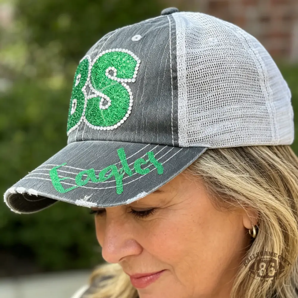 School Spirit Rhinestone Trucker Hat | Bling Letter Mesh Cap for Game Day