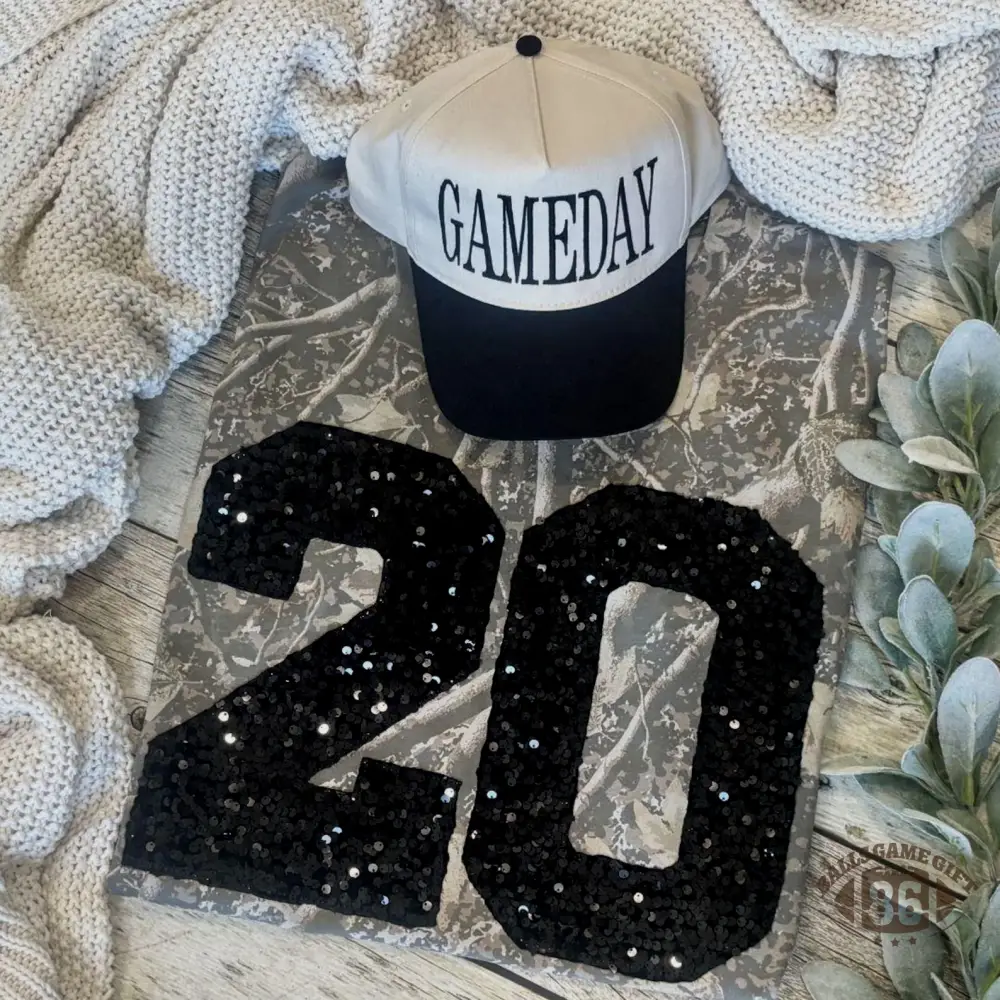 Sequin Numeral Sweatshirt, Retro Camouflage Game Day Casual Top
