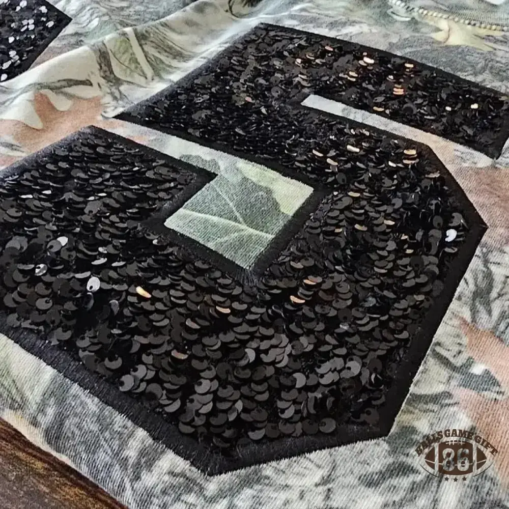 Custom Embroidered Sequin Number Camo T-shirt Sweatshirt and Hoodie