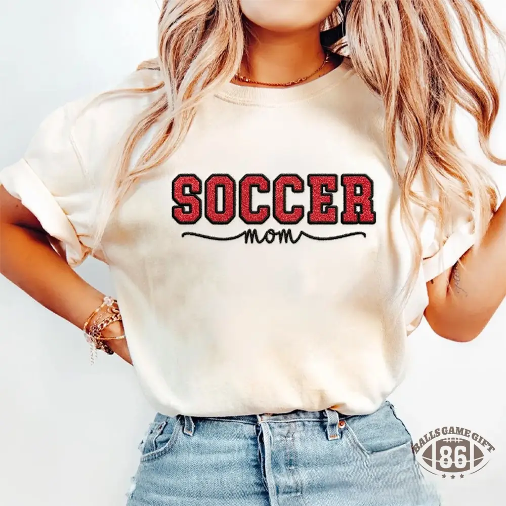 Proudstitch Soccer Mom Side Bow Glitter Embroidery Washed T-Shirt Soccer Mom Apparel