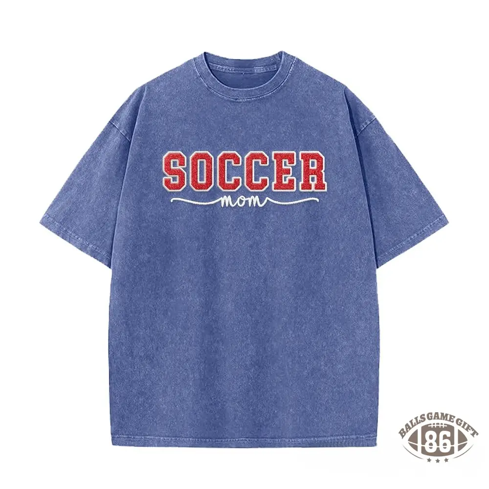 Proudstitch Soccer Mom Side Bow Glitter Embroidery Washed T-Shirt Soccer Mom Apparel