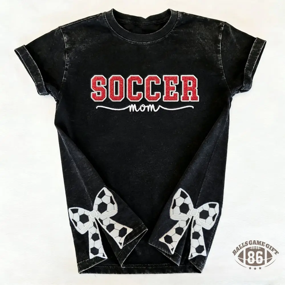 Proudstitch Soccer Mom Side Bow Glitter Embroidery Washed T-Shirt Soccer Mom Apparel
