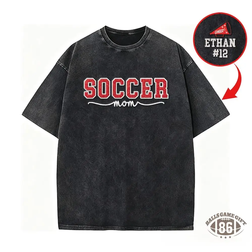 Proudstitch Soccer Mom Side Bow Glitter Embroidery Washed T-Shirt Soccer Mom Apparel