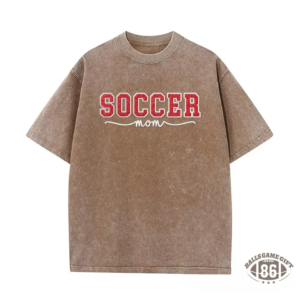 Proudstitch Soccer Mom Side Bow Glitter Embroidery Washed T-Shirt Soccer Mom Apparel