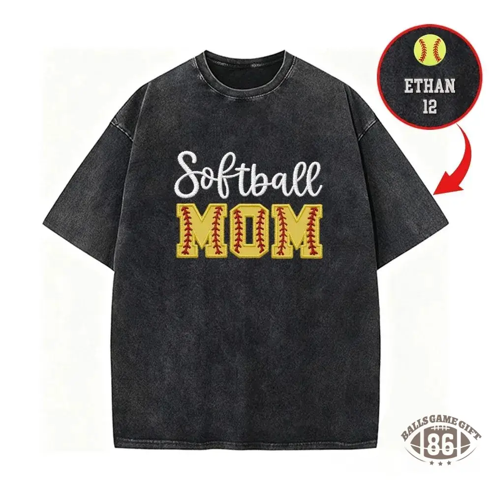 Softball DAD or MOM Applique Embroidery Personalized Washed T-Shirt