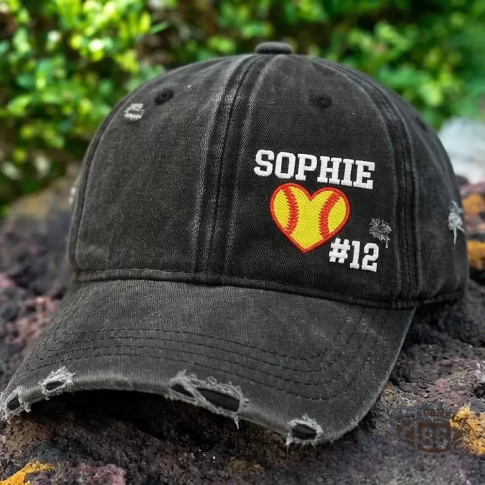 Softball Heart with Name & Number Distressed Baseball Cap Softball Mom Gift