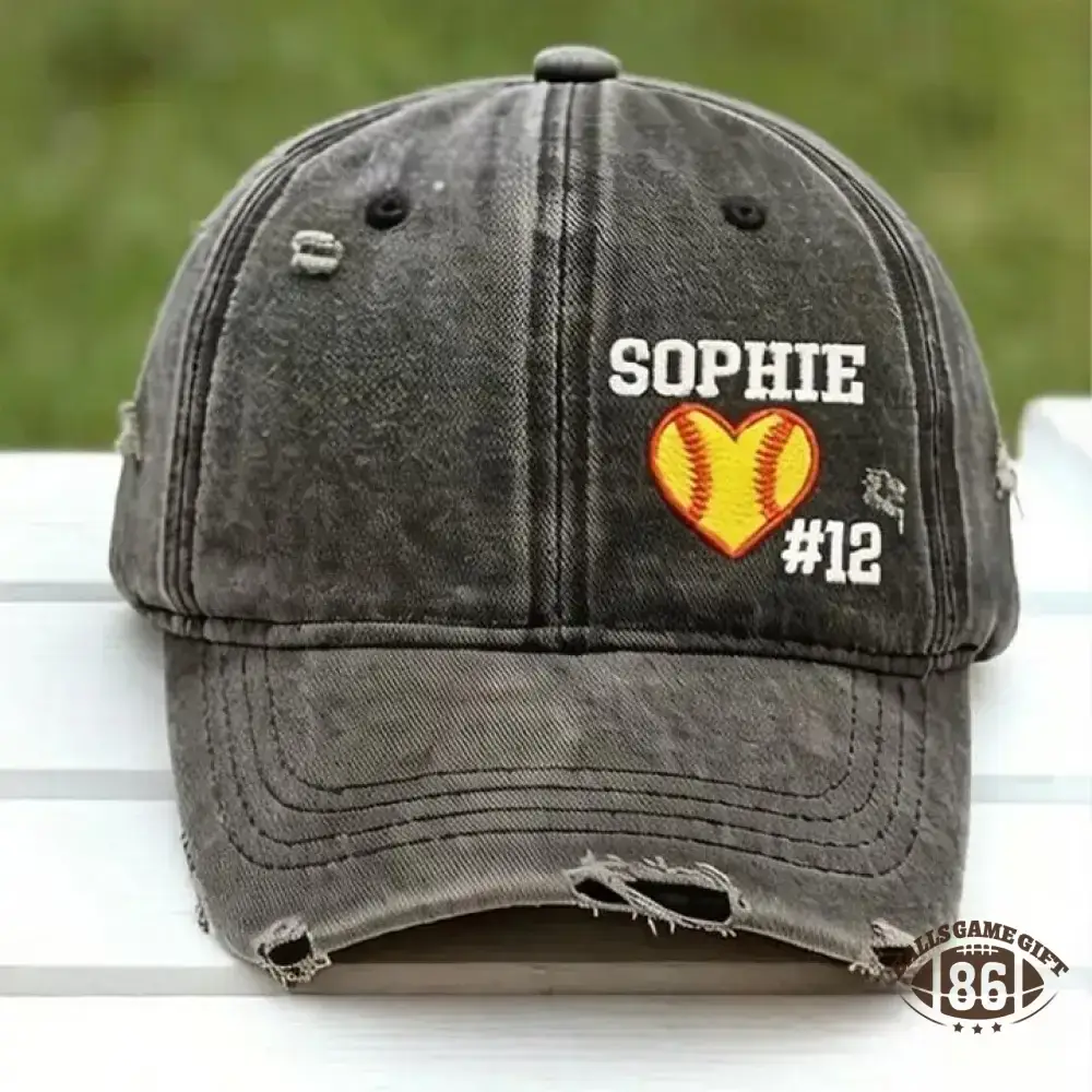 Softball Heart with Name & Number Distressed Baseball Cap Softball Mom Gift