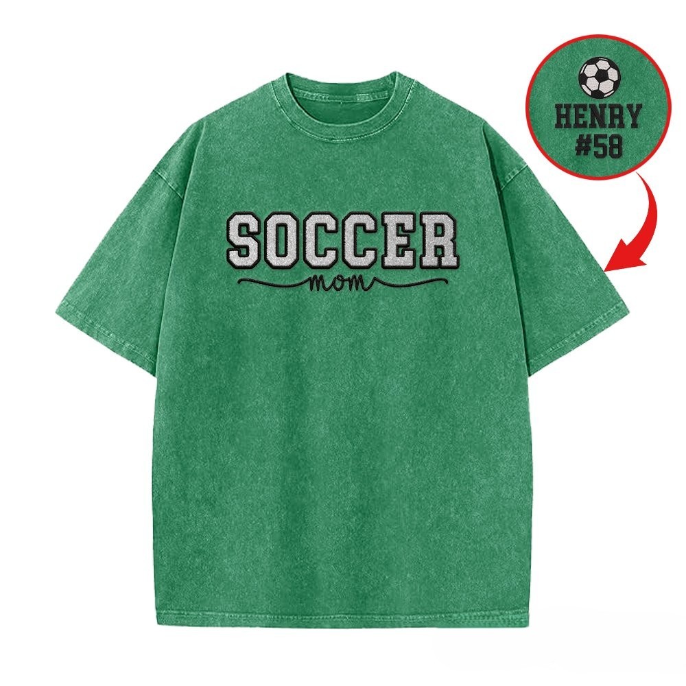 Proudstitch Soccer Mom Side Bow Glitter Embroidery Washed T-Shirt Soccer Mom Apparel