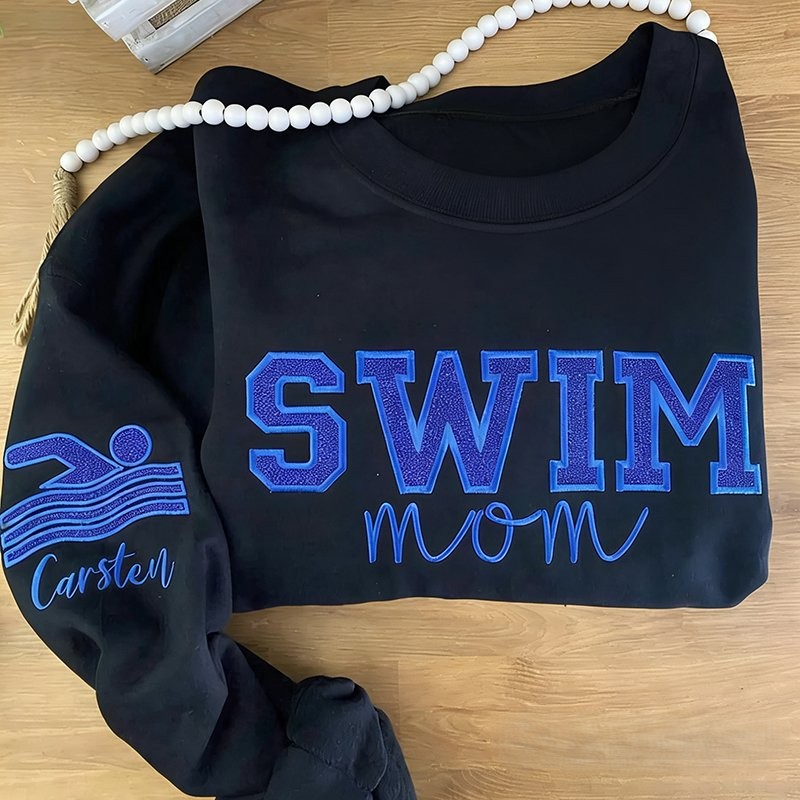 Proudstitch Personalized Embroidered Swim Mom Sweatshirt Custom Swim Applique Crewneck