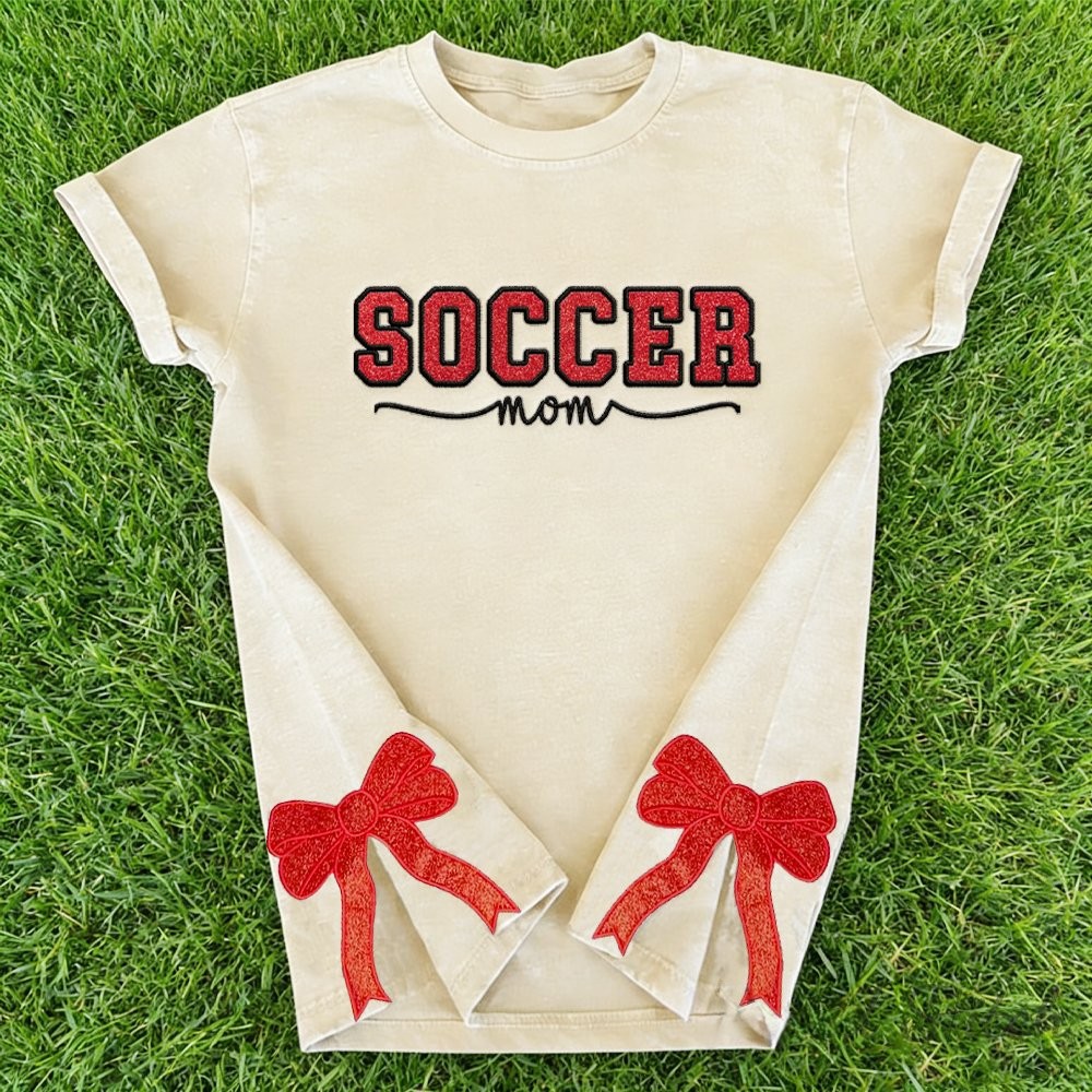 Proudstitch Soccer Mom Side Bow Glitter Embroidery Washed T-Shirt Soccer Mom Apparel