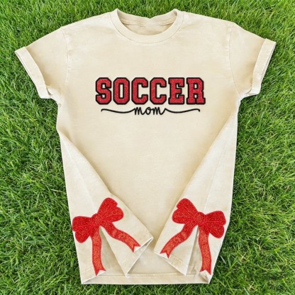 Proudstitch Soccer Mom Side Bow Glitter Embroidery Washed T-Shirt Soccer Mom Apparel