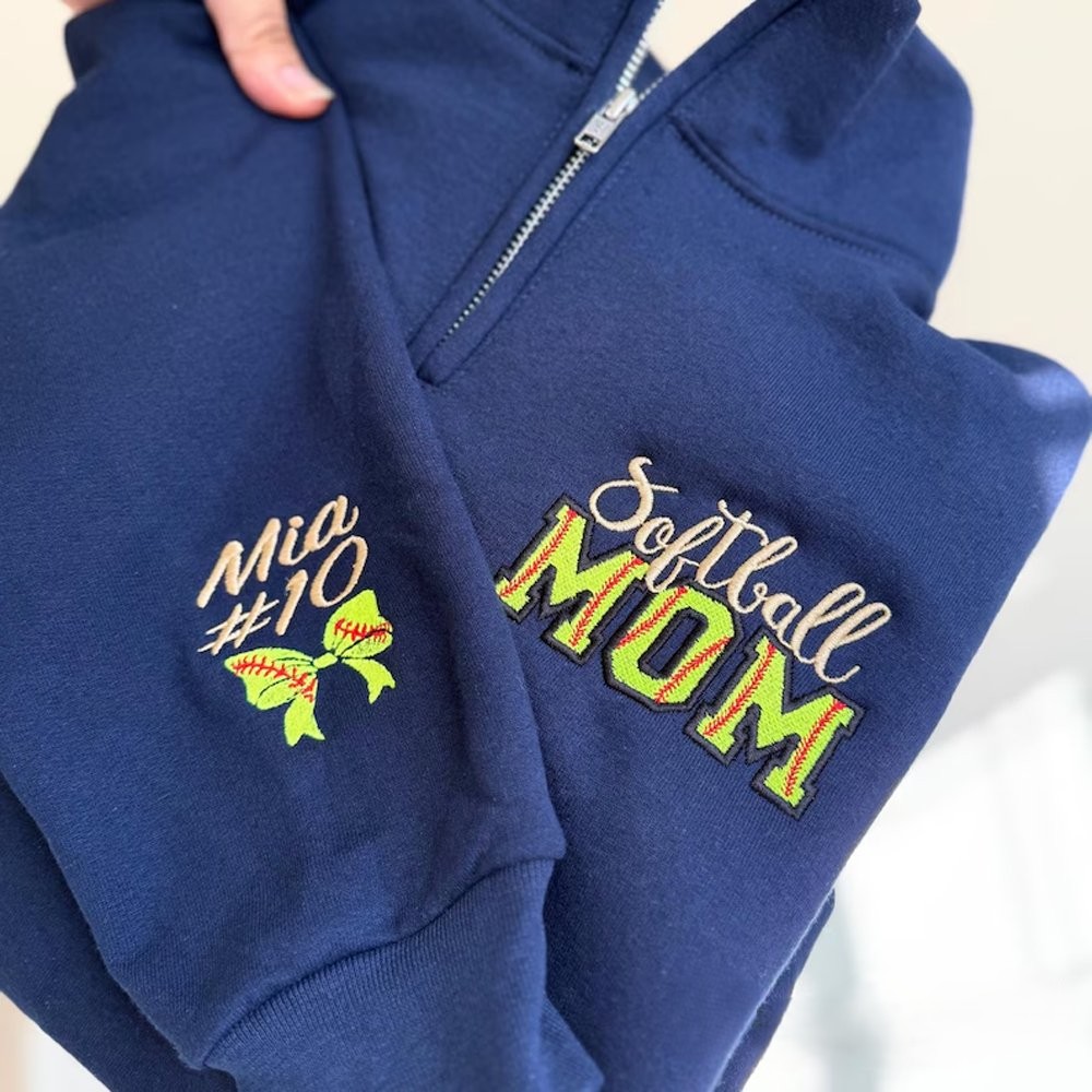 Personalized Softball Mom Embroidery Sweatshirt with Kid Name on Sleeve