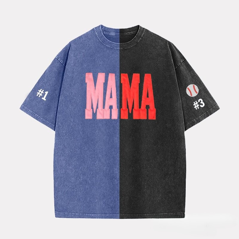 Proudstitch Fabric Applique MAMA Two Tone Embroidered Vintage Washed T-Shirt For Game Day