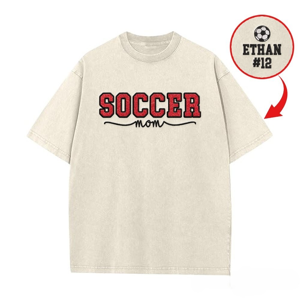 Proudstitch Soccer Mom Side Bow Glitter Embroidery Washed T-Shirt Soccer Mom Apparel