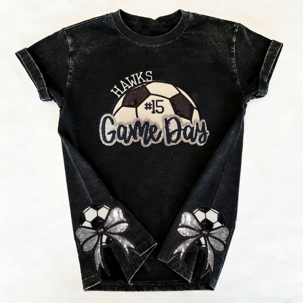 Proudstitch Soccer Game Day Washed T-Shirt Sequin Soccer Side Bow