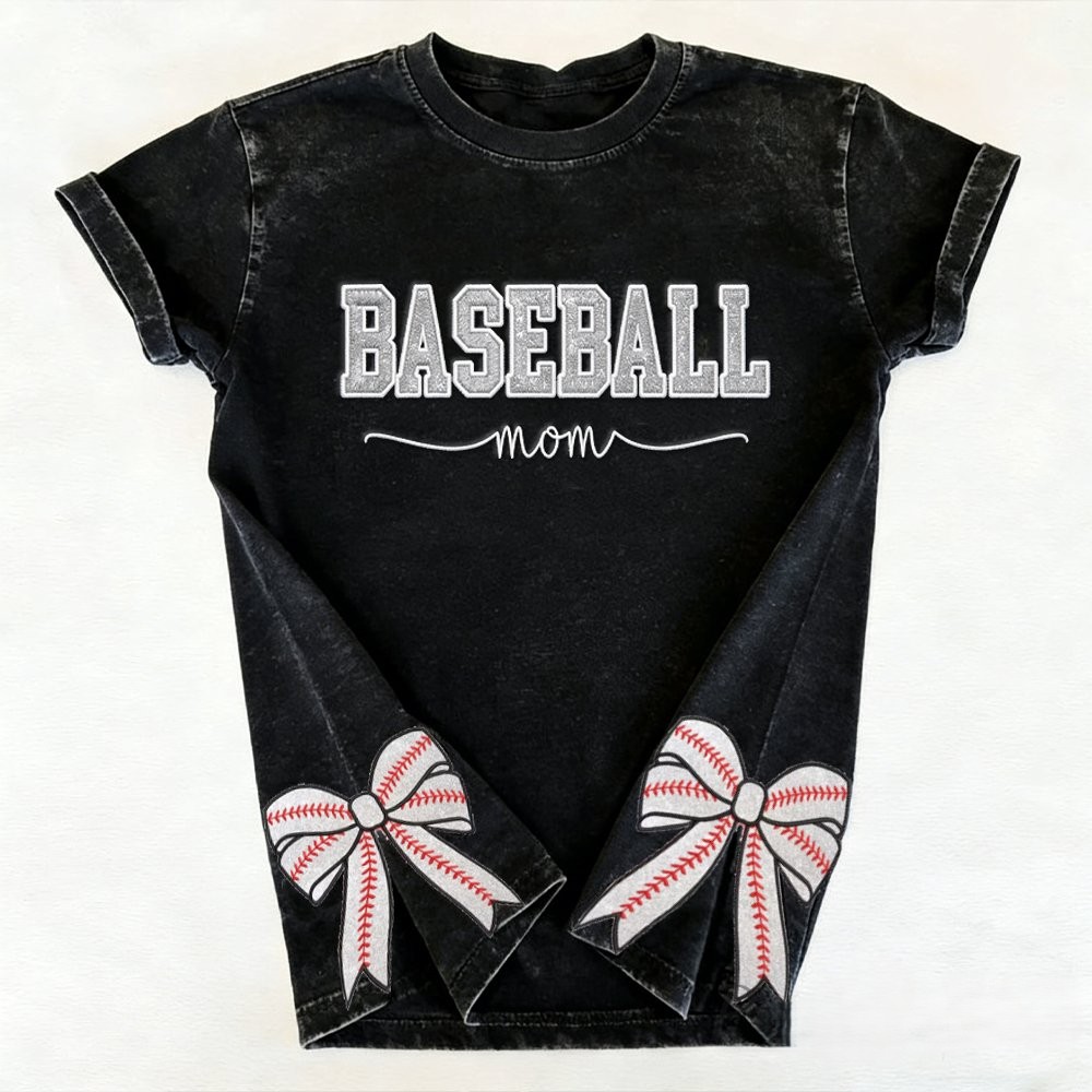 Proudstitch Baseball Mom Dad Glitter Embroidered Washed T-shirt with Side Bow