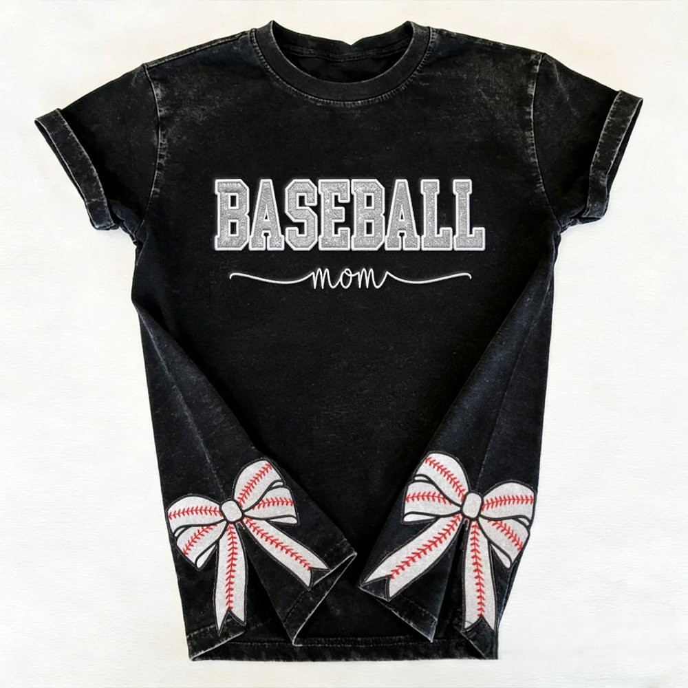Proudstitch Baseball Mom Dad Glitter Embroidered Washed T-shirt with Side Bow