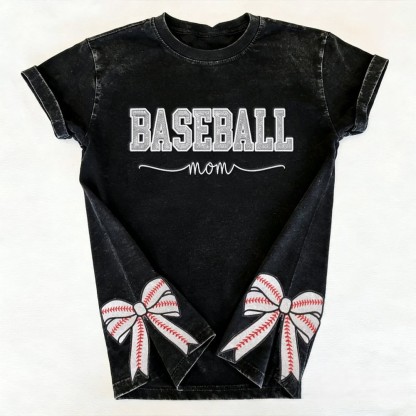 Proudstitch Baseball Mom Dad Glitter Embroidered Washed T-shirt with Side Bow