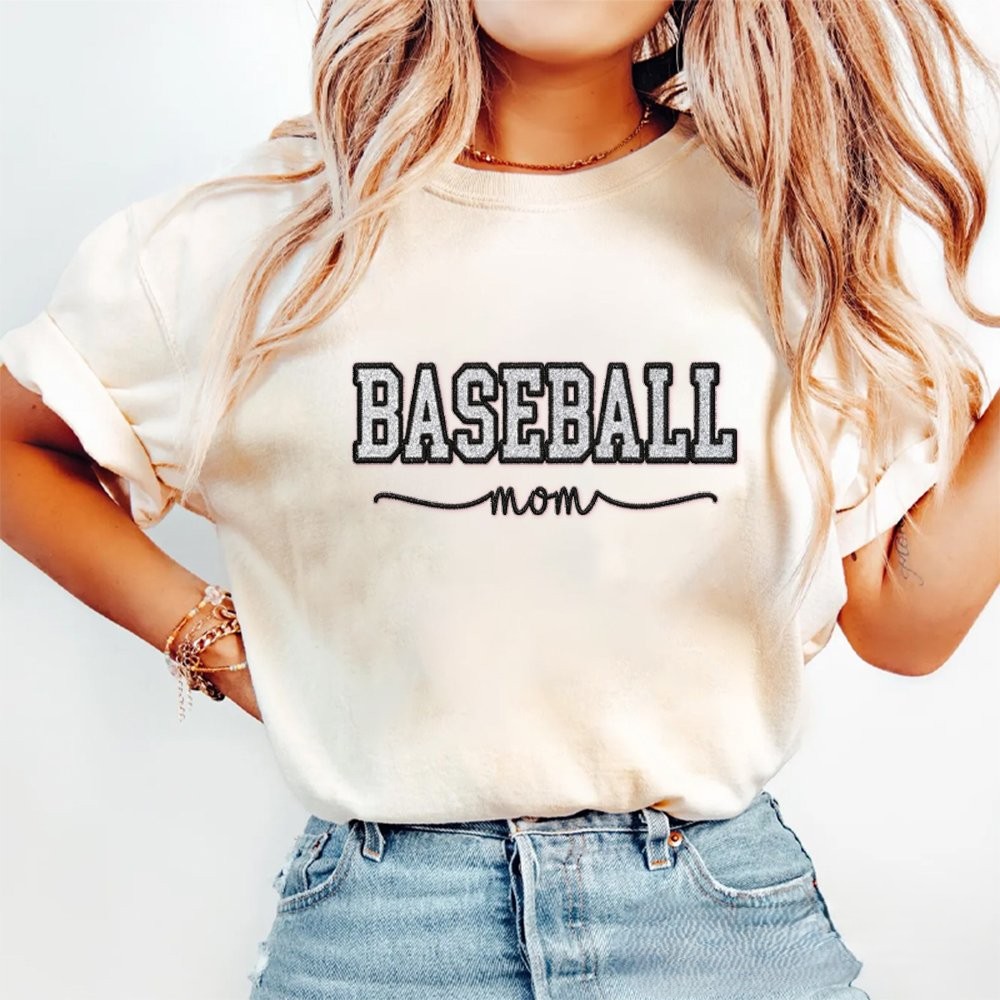 Proudstitch Baseball Mom Dad Glitter Embroidered Washed T-shirt with Side Bow