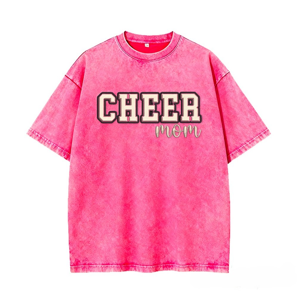Proudstitch Puff Embroidered Cheer Mom Washed T-Shirt with Sequin Side Bows