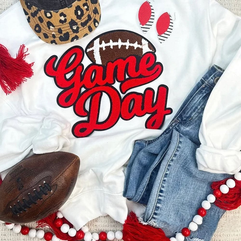 Game Day Football Chenille Patch Crewneck Sweatshirt