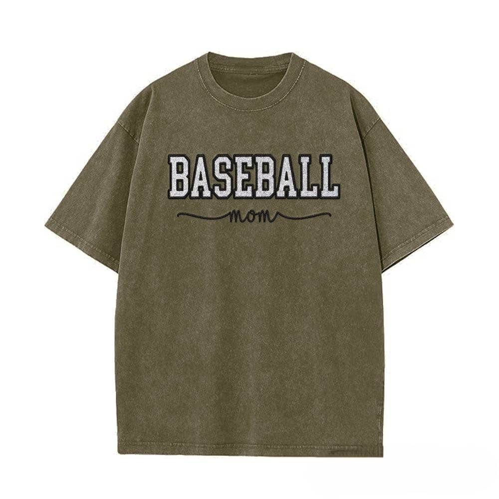 Proudstitch Baseball Mom Dad Glitter Embroidered Washed T-shirt with Side Bow