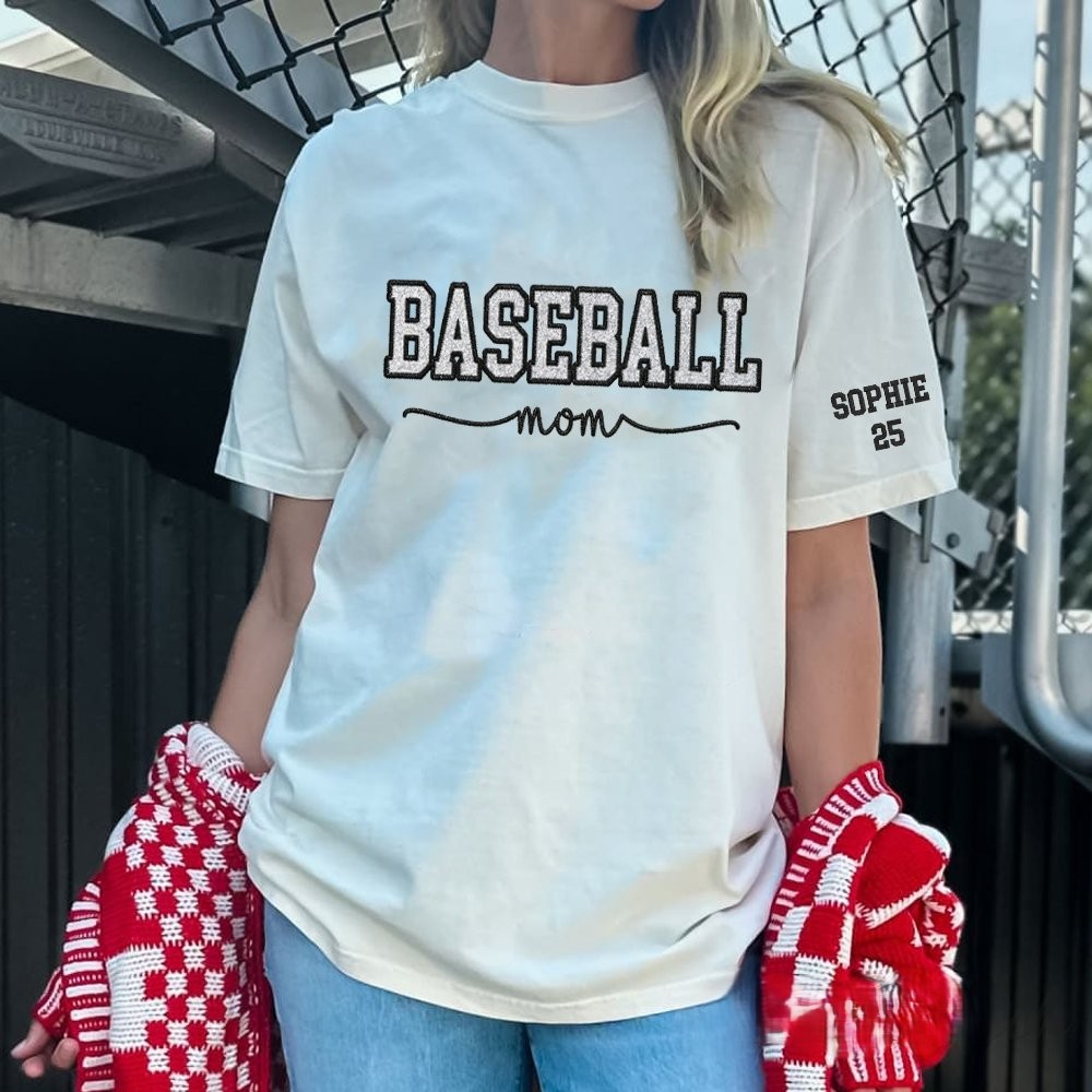 Proudstitch Baseball Mom Dad Glitter Embroidered Washed T-shirt with Side Bow