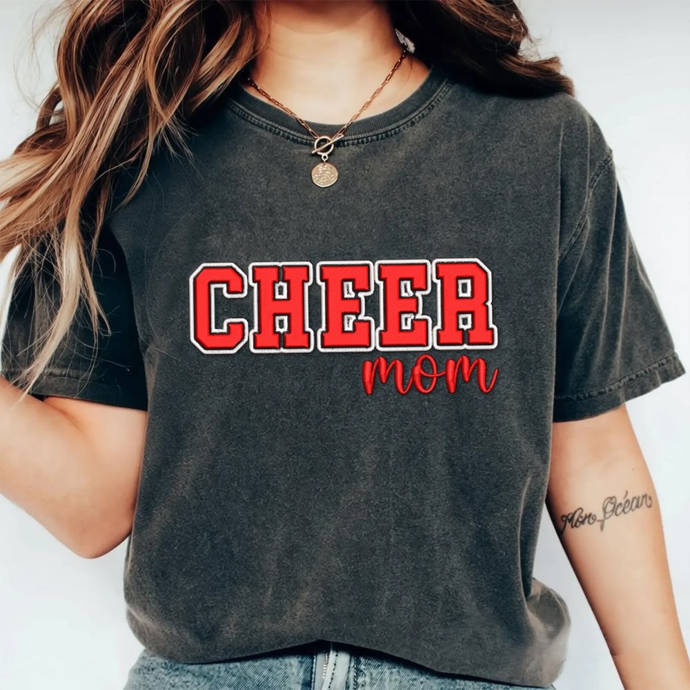 Proudstitch Puff Embroidered Cheer Mom Washed T-Shirt with Sequin Side Bows