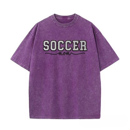 Proudstitch Soccer Mom Side Bow Glitter Embroidery Washed T-Shirt Soccer Mom Apparel