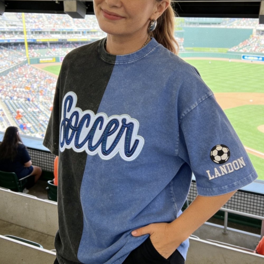 Proudstitch Glitter Team Mascot Two Tone Embroidered Vintage Washed T-Shirt For Game Day