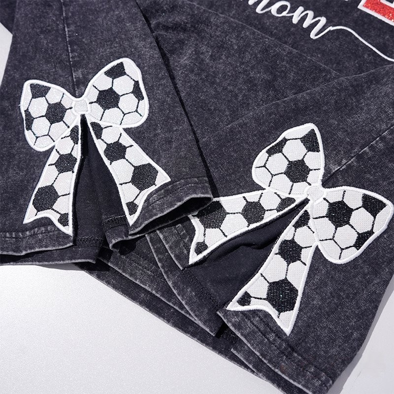 Proudstitch Soccer Mom Side Bow Glitter Embroidery Washed T-Shirt Soccer Mom Apparel