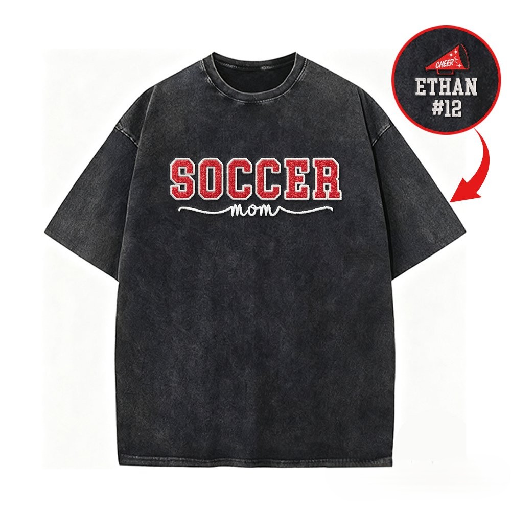 Proudstitch Soccer Mom Side Bow Glitter Embroidery Washed T-Shirt Soccer Mom Apparel