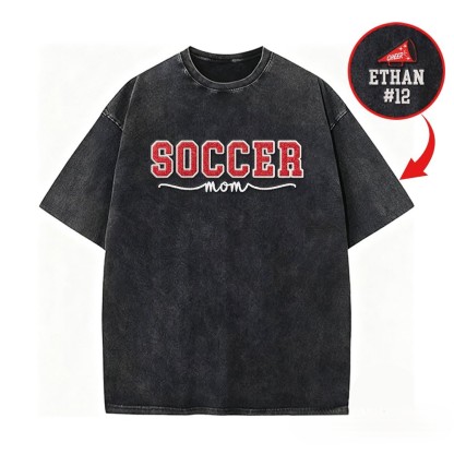 Proudstitch Soccer Mom Side Bow Glitter Embroidery Washed T-Shirt Soccer Mom Apparel