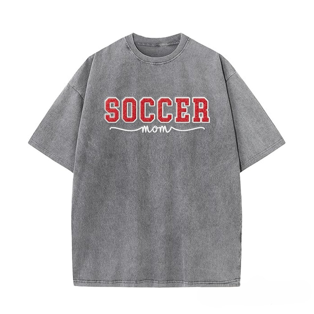 Proudstitch Soccer Mom Side Bow Glitter Embroidery Washed T-Shirt Soccer Mom Apparel