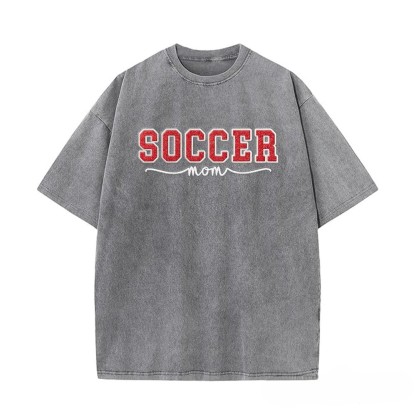 Proudstitch Soccer Mom Side Bow Glitter Embroidery Washed T-Shirt Soccer Mom Apparel