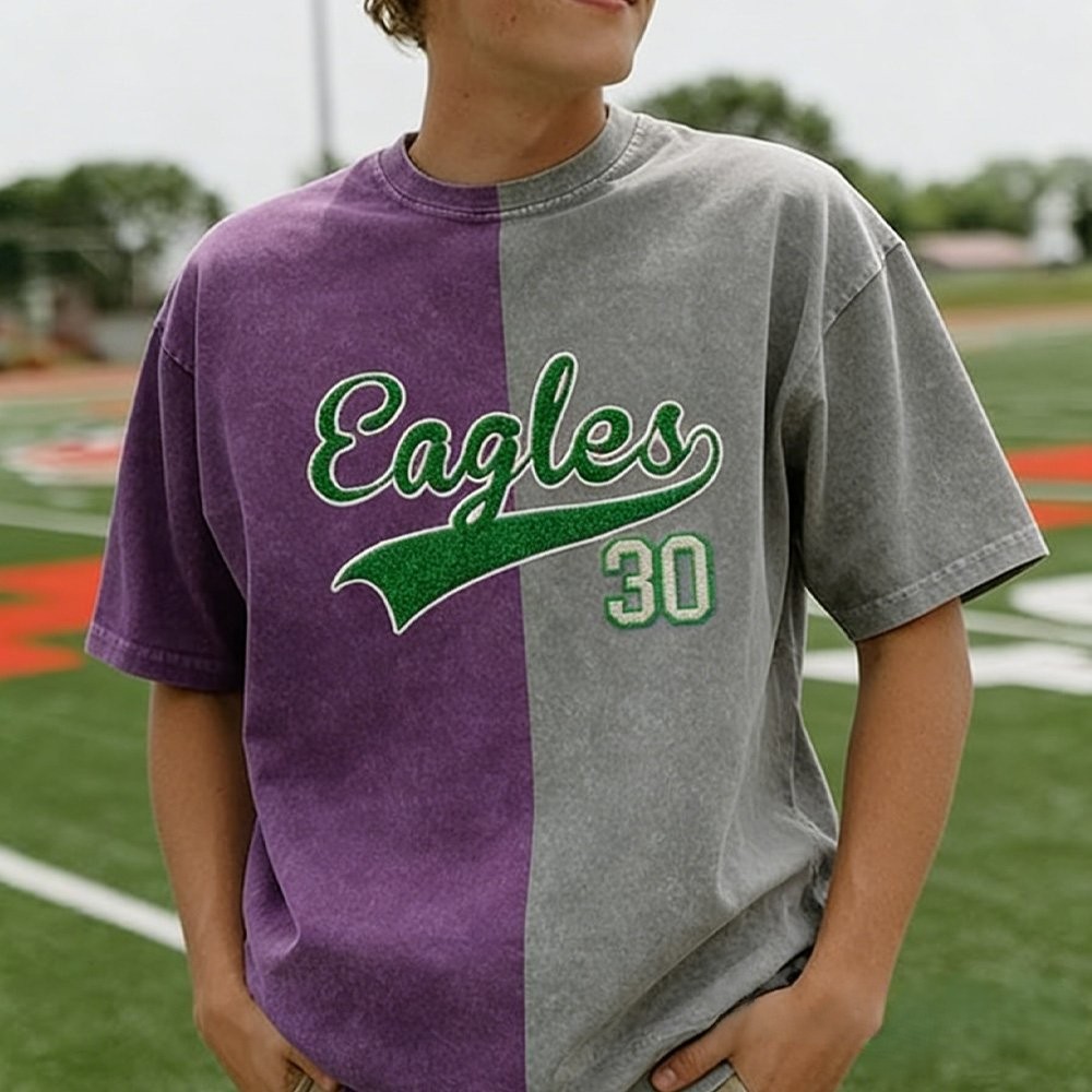 Proudstitch Glitter Embroidered Team Name Two Tone Vintage Washed T-Shirt For Game Day