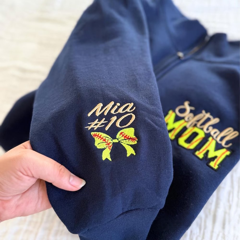 Personalized Softball Mom Embroidery Sweatshirt with Kid Name on Sleeve