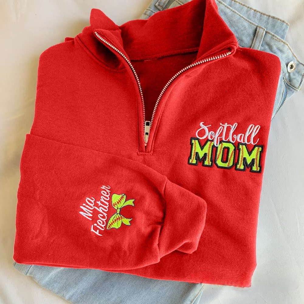 Personalized Softball Mom Embroidery Sweatshirt with Kid Name on Sleeve