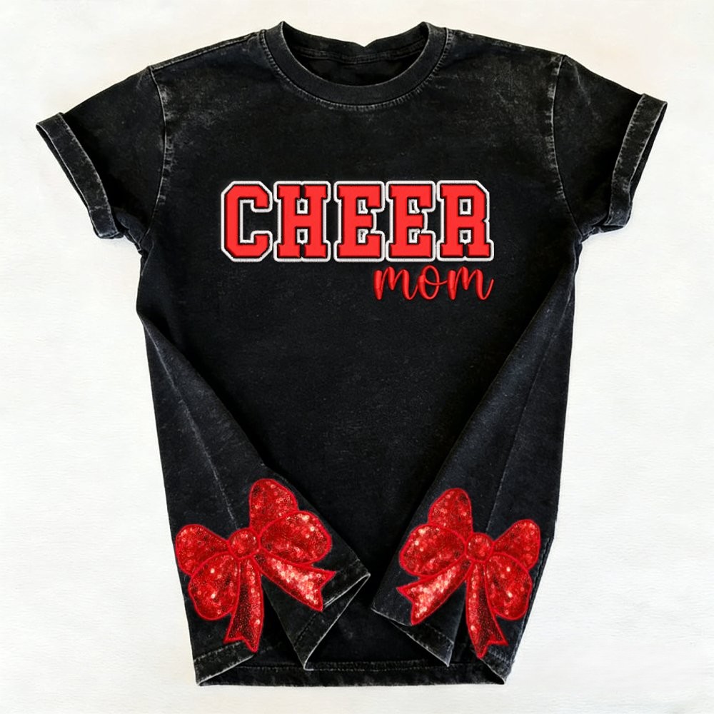 Proudstitch Puff Embroidered Cheer Mom Washed T-Shirt with Sequin Side Bows