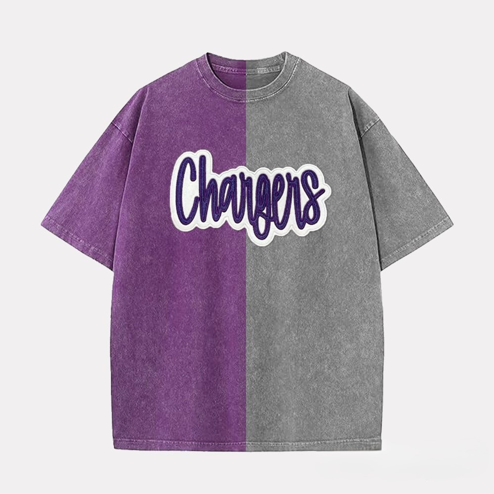 Proudstitch Glitter Team Mascot Two Tone Embroidered Vintage Washed T-Shirt For Game Day