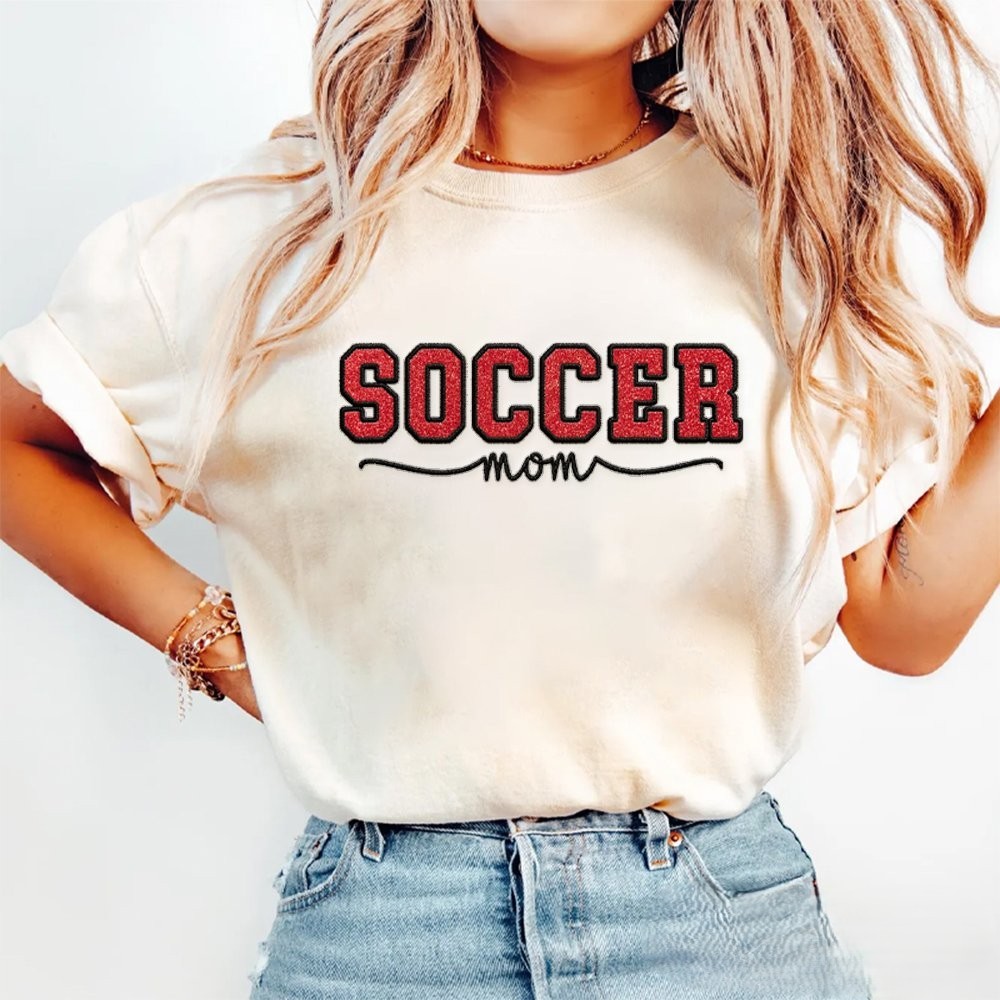 Proudstitch Soccer Mom Side Bow Glitter Embroidery Washed T-Shirt Soccer Mom Apparel