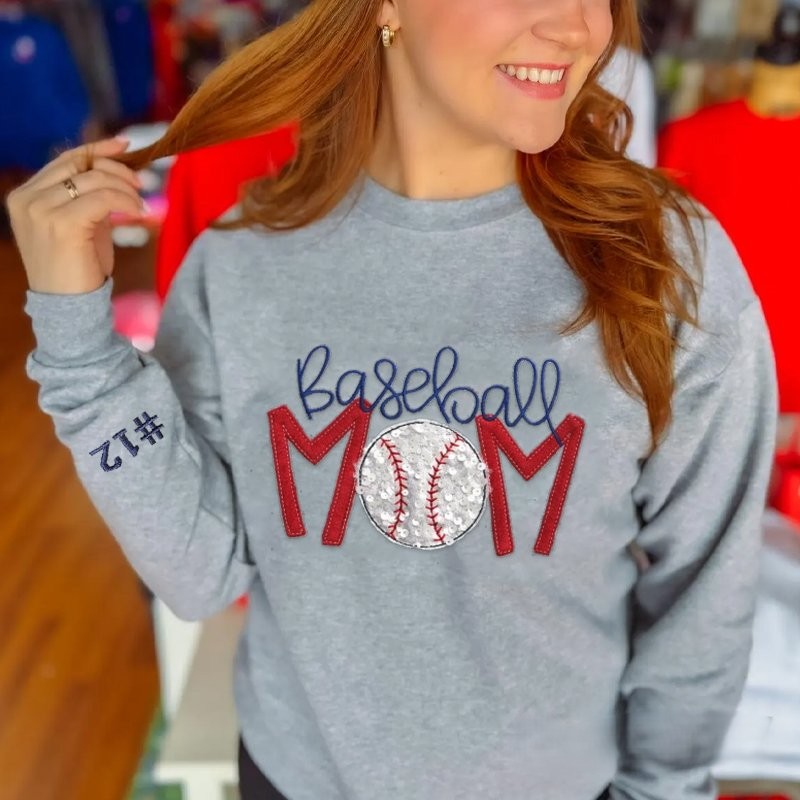 Proudstitch Baseball Mom Sequins Embroidered Apparel Custom Baseball Mom Sweatshirt