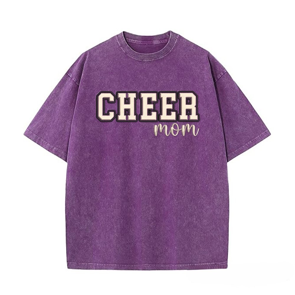 Proudstitch Puff Embroidered Cheer Mom Washed T-Shirt with Sequin Side Bows