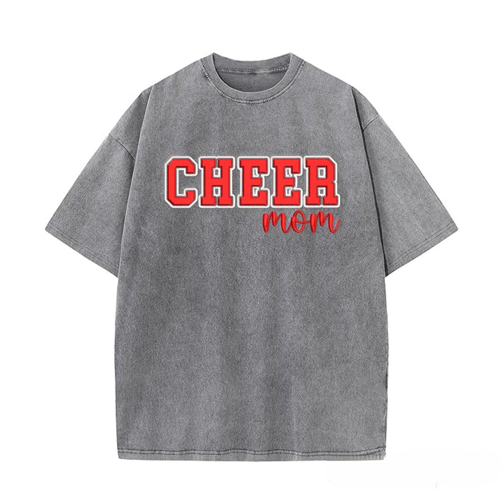 Proudstitch Puff Embroidered Cheer Mom Washed T-Shirt with Sequin Side Bows