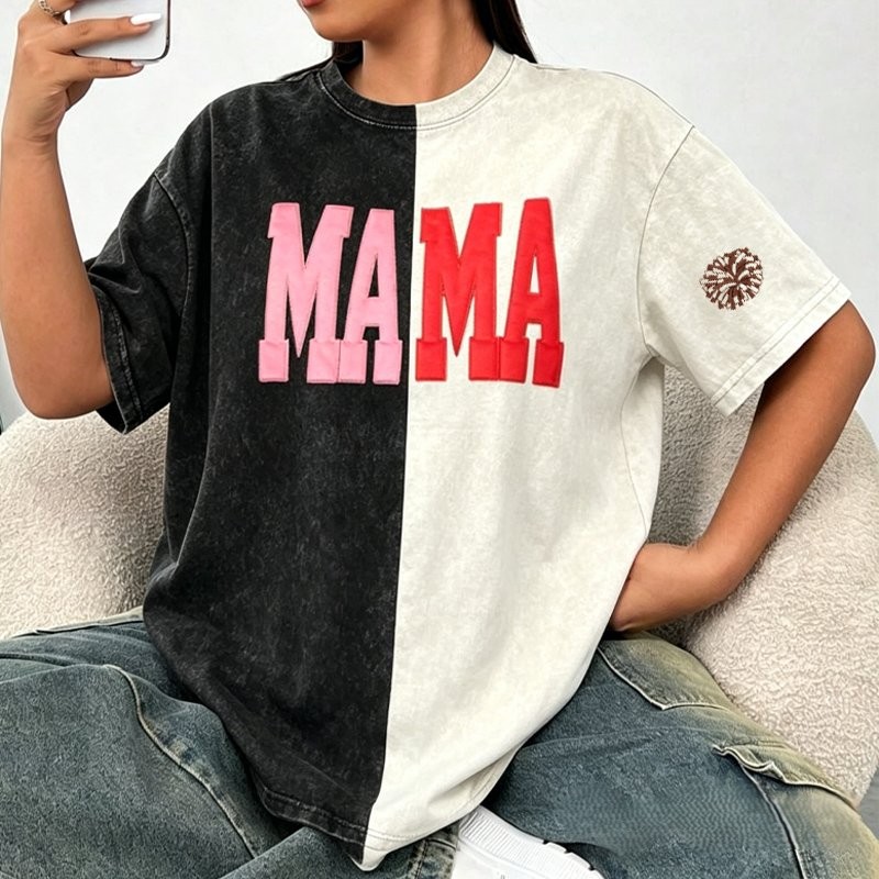 Proudstitch Fabric Applique MAMA Two Tone Embroidered Vintage Washed T-Shirt For Game Day