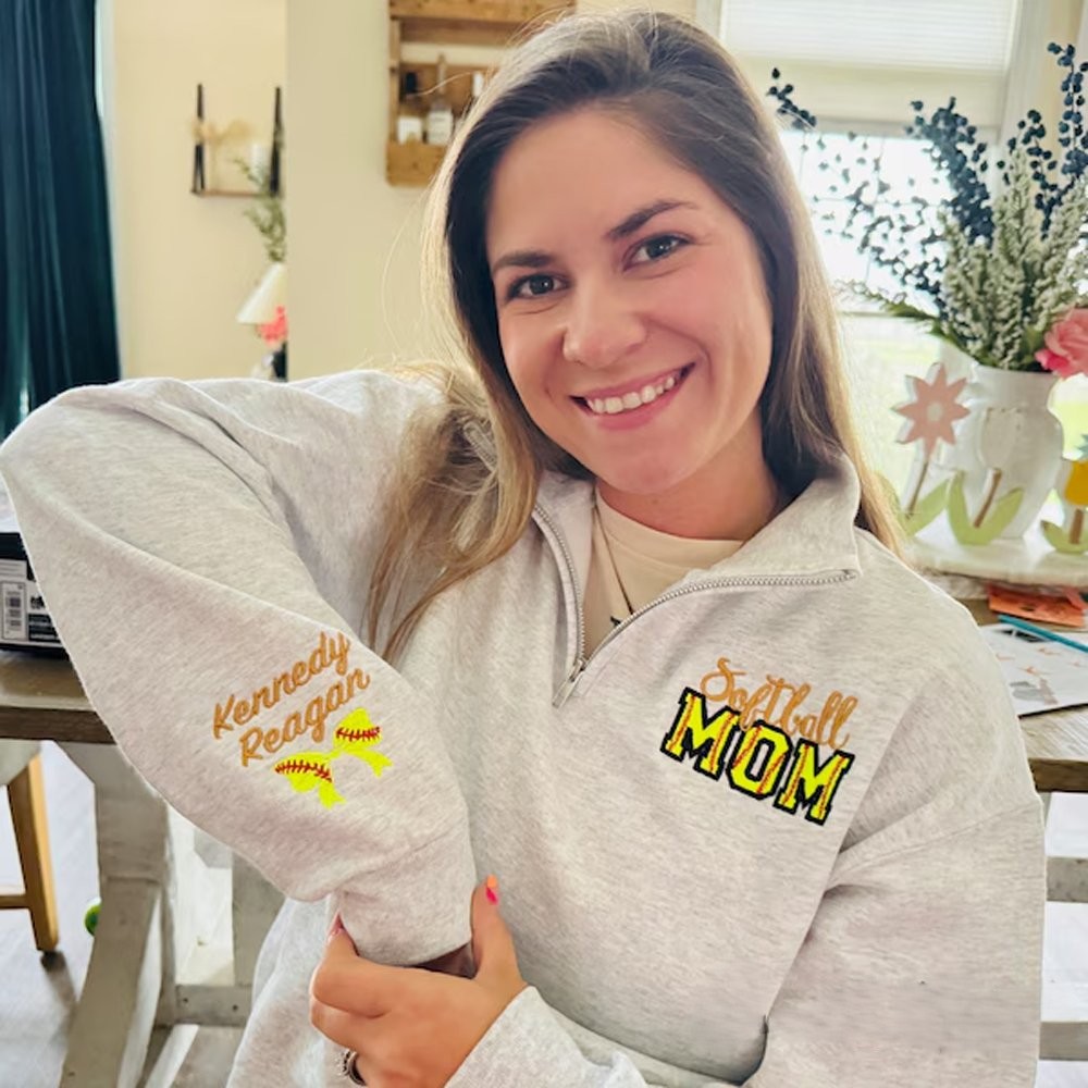 Personalized Softball Mom Embroidery Sweatshirt with Kid Name on Sleeve