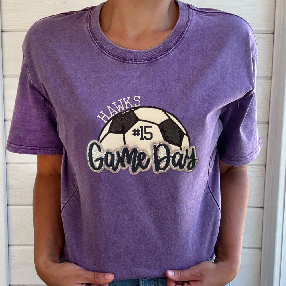 Proudstitch Soccer Game Day Washed T-Shirt Sequin Soccer Side Bow