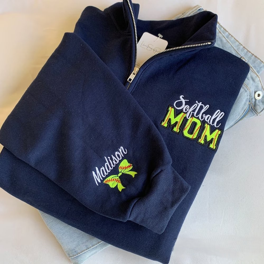 Personalized Softball Mom Embroidery Sweatshirt with Kid Name on Sleeve