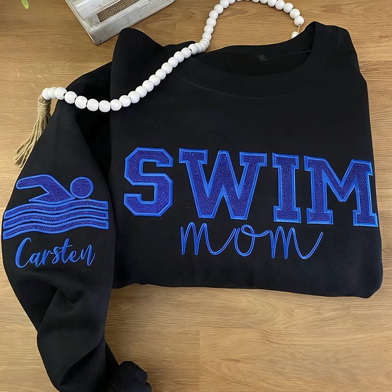 Proudstitch Personalized Embroidered Swim Mom Sweatshirt Custom Swim Applique Crewneck